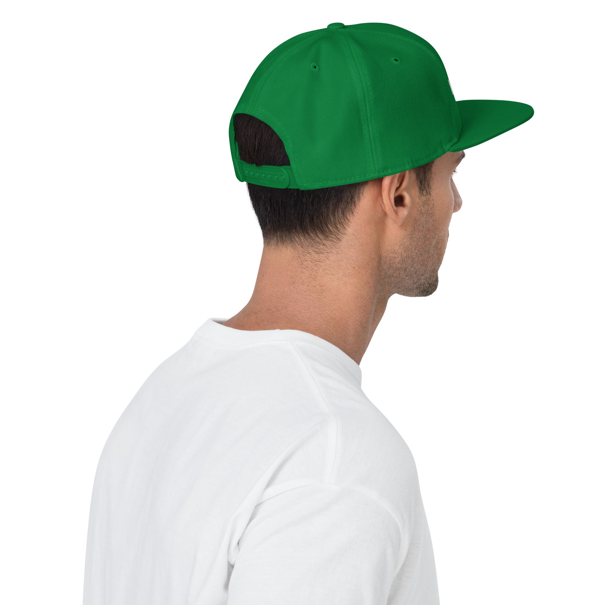 Unisex Unbothered snapback hat in green with embroidered WHATEVR text, back view