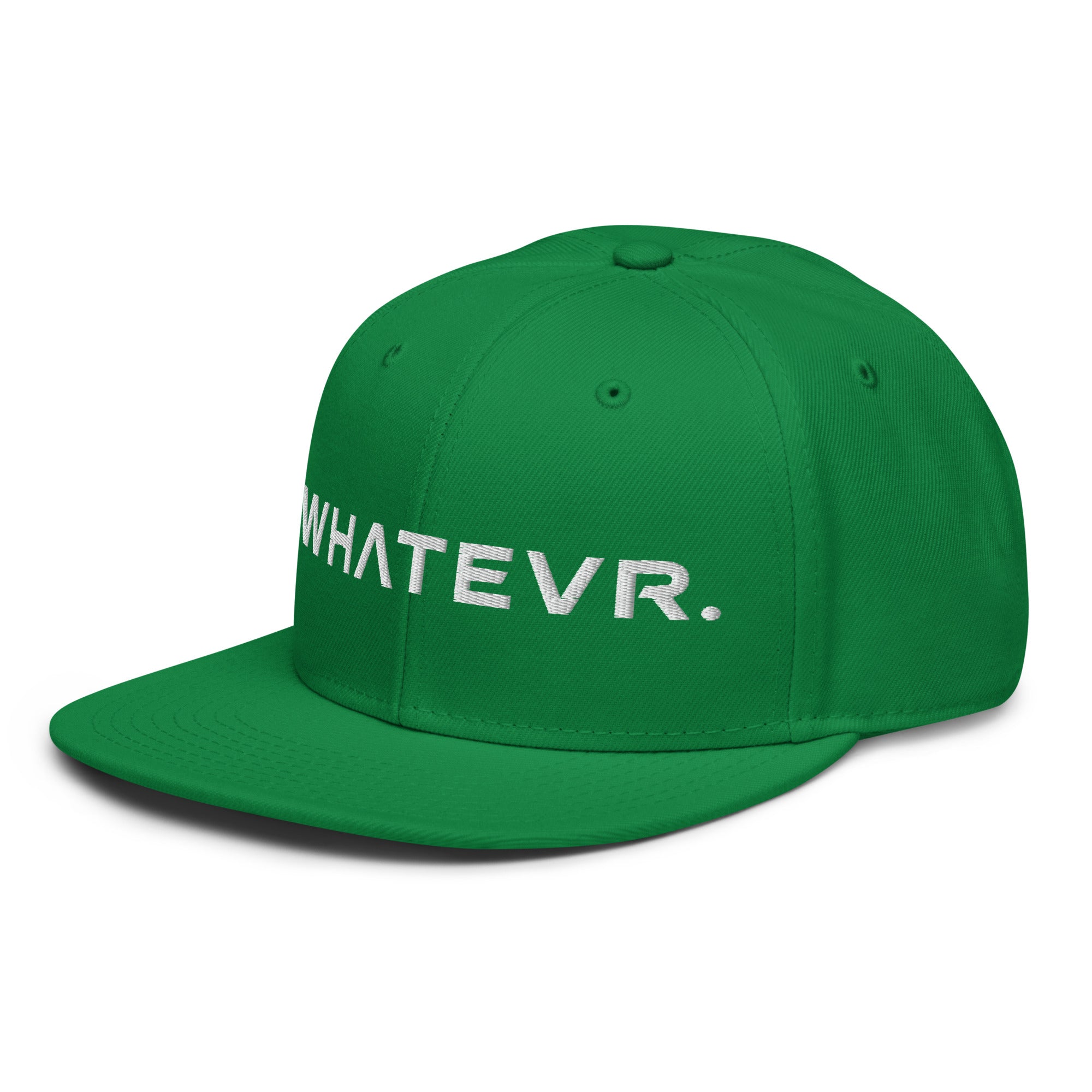 Unisex Unbothered snapback hat in green with embroidered WHATEVR text, front view