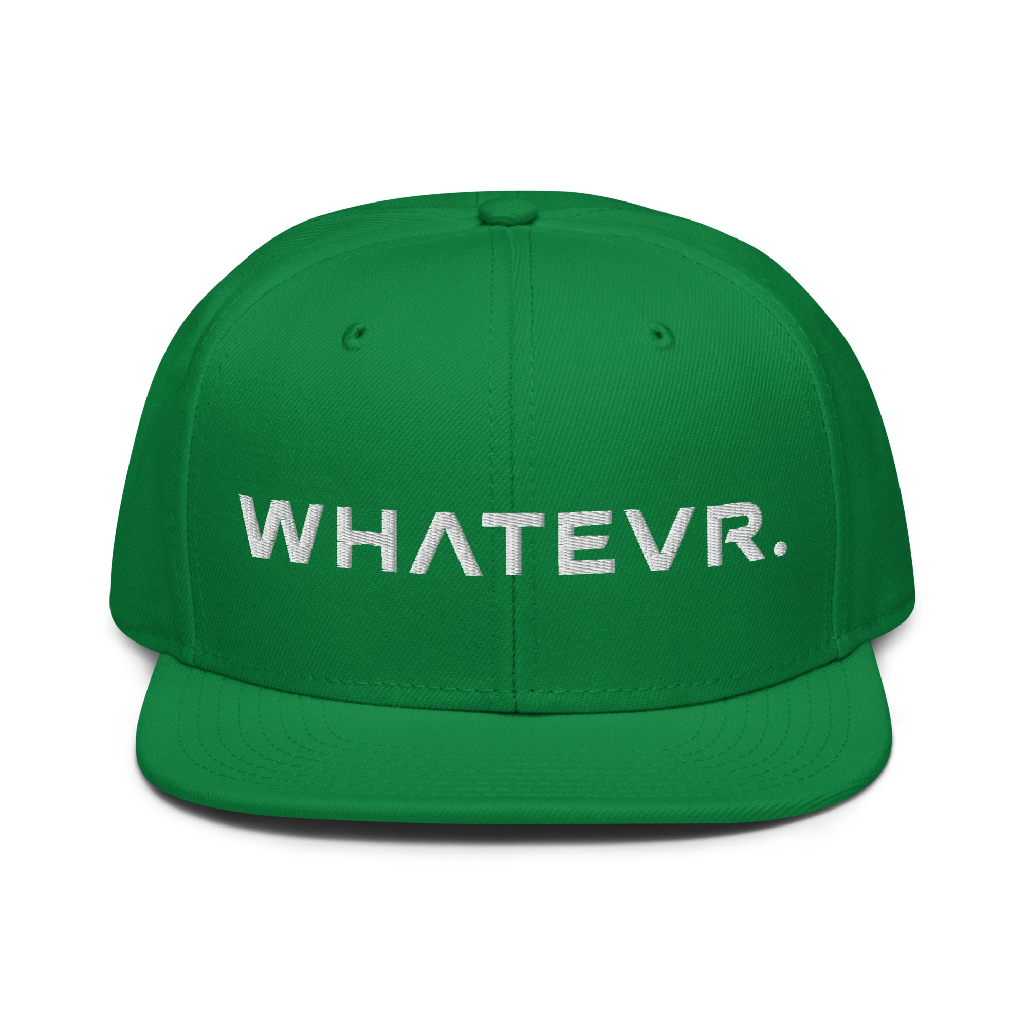 Unisex Unbothered snapback hat in green with embroidered WHATEVR text, front view