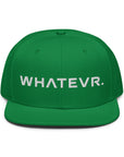Unisex Unbothered snapback hat in green with embroidered WHATEVR text, front view