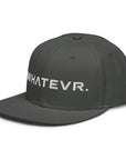 Unisex Unbothered snapback hat in gray with embroidered WHATEVR text, front view