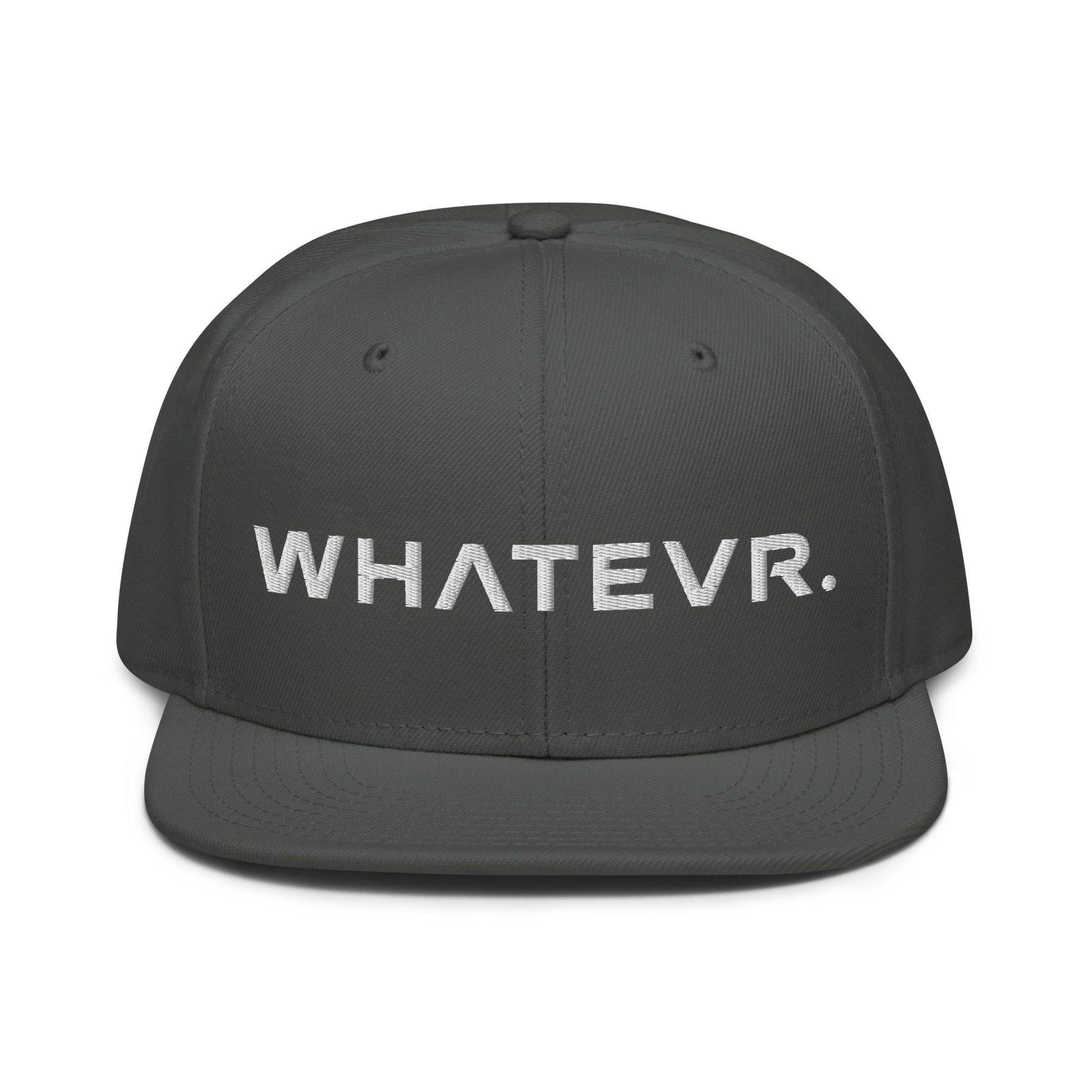 Unisex Unbothered snapback hat in gray with embroidered WHATEVR text, front view