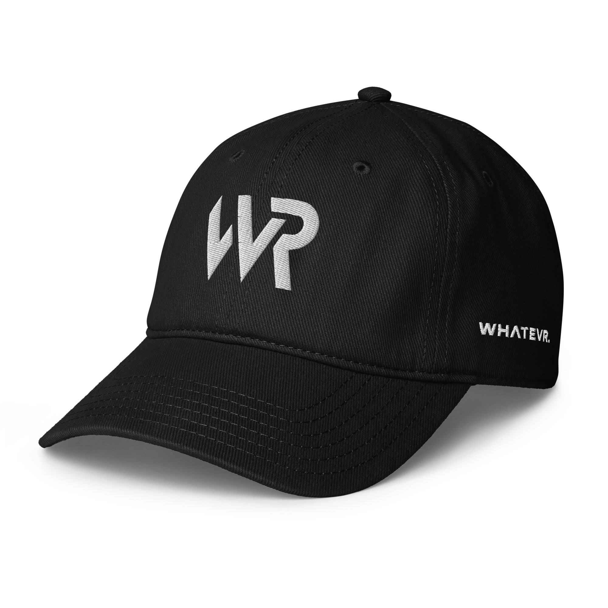 Unisex Unbothered baseball cap in black with embroidered WR logo, front view