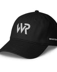 Unisex Unbothered baseball cap in black with embroidered WR logo, front view