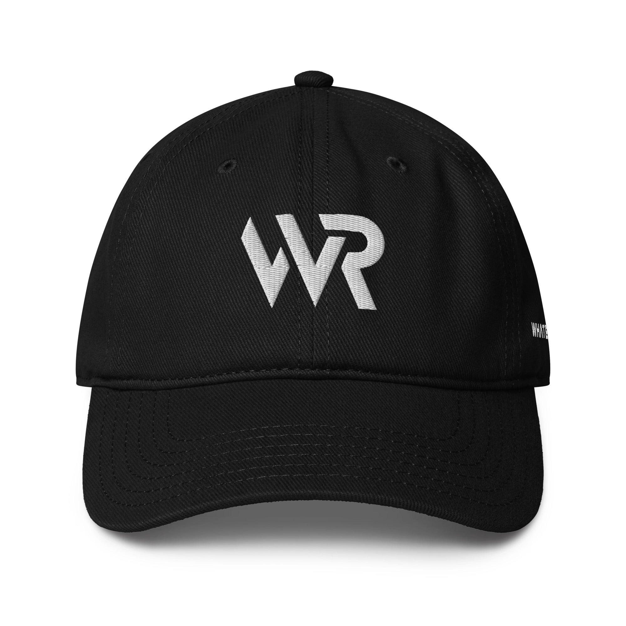 Unisex Unbothered baseball cap in black with embroidered WR logo, front view