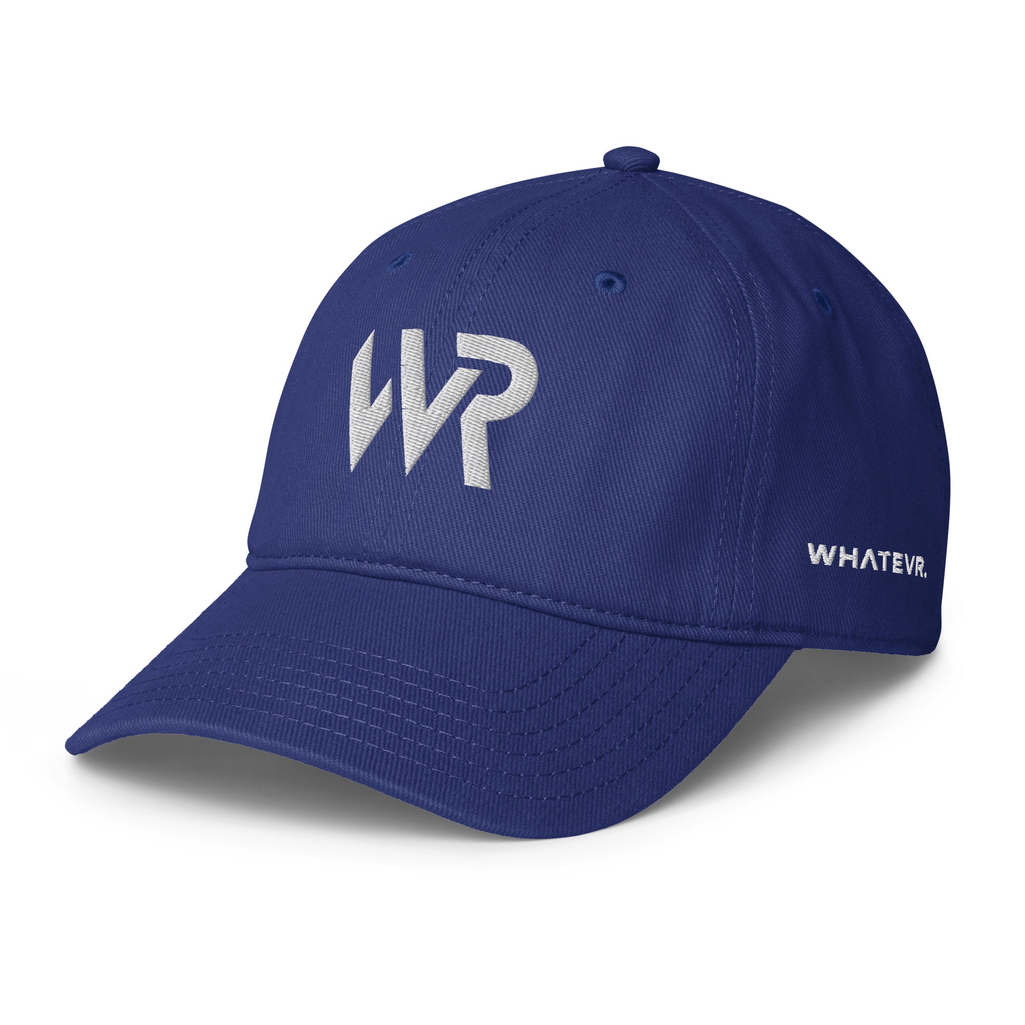 Unisex Unbothered baseball cap in blue with embroidered WR logo, front view