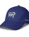 Unisex Unbothered baseball cap in blue with embroidered WR logo, front view