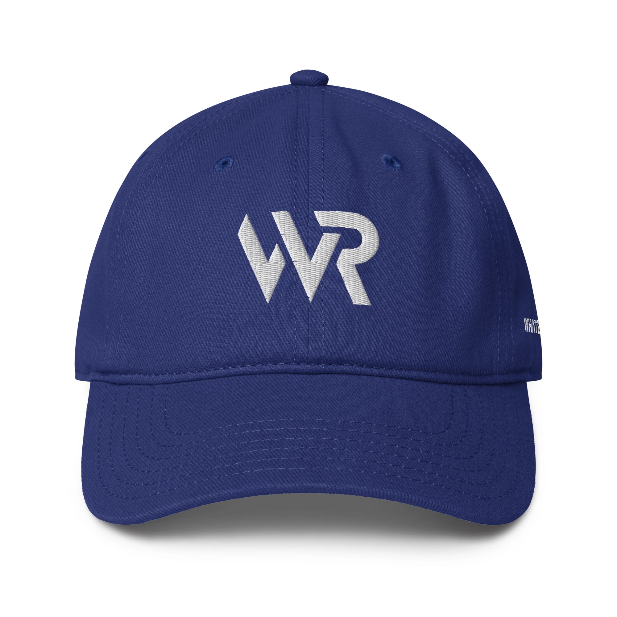 Unisex Unbothered baseball cap in blue with embroidered WR logo, front view