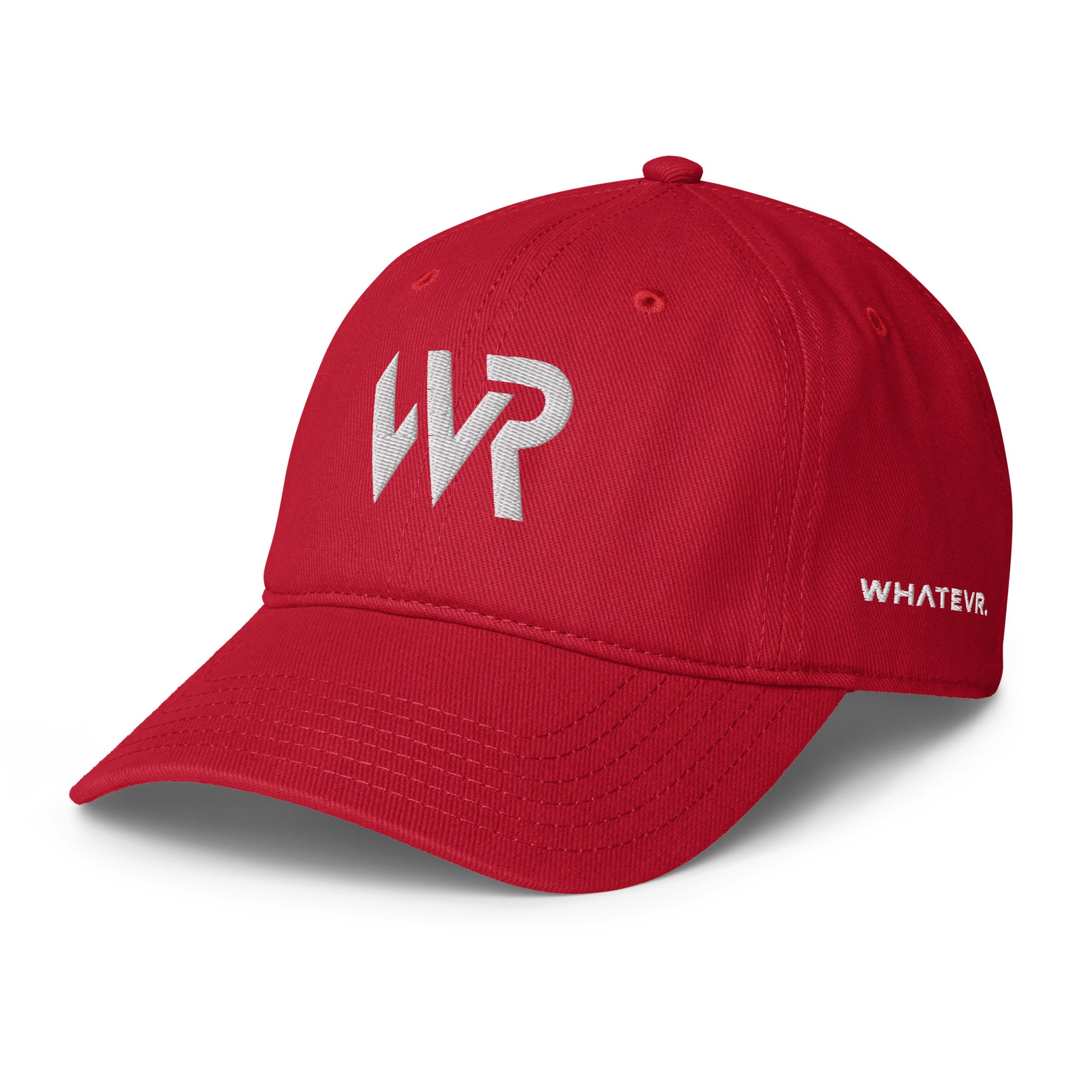 Unisex Unbothered baseball cap in red with embroidered WR logo, front view