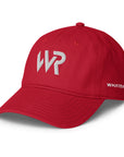 Unisex Unbothered baseball cap in red with embroidered WR logo, front view