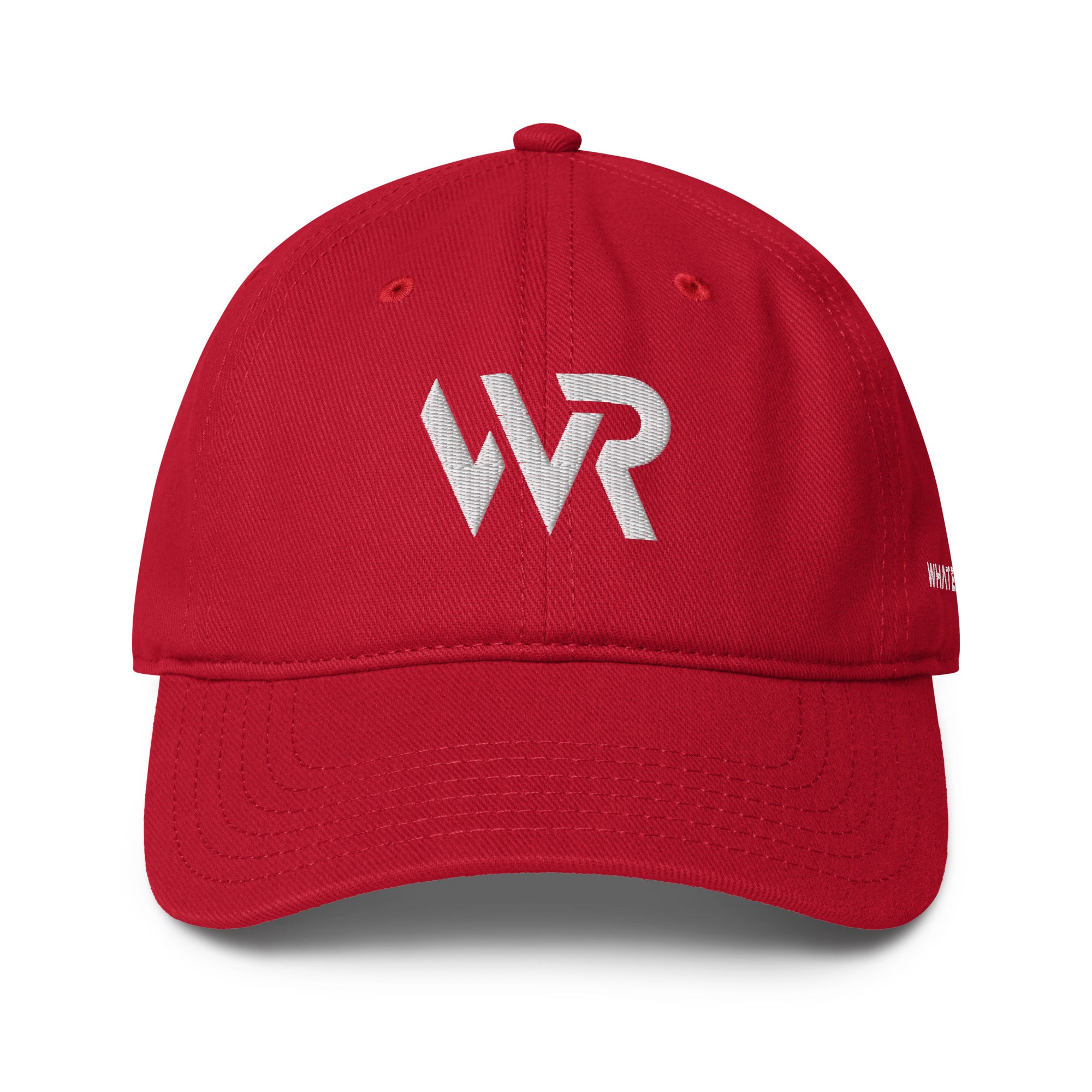 Unisex Unbothered baseball cap in red with embroidered WR logo, front view