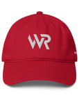 Unisex Unbothered baseball cap in red with embroidered WR logo, front view