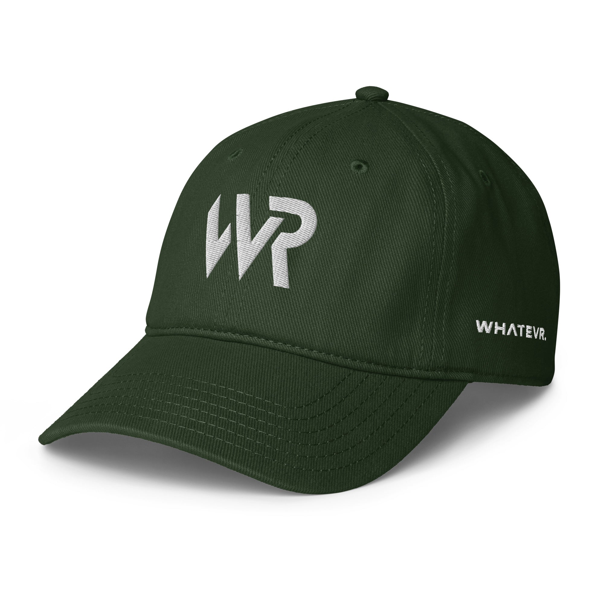 Unisex Unbothered baseball cap in green with embroidered WR logo, front view