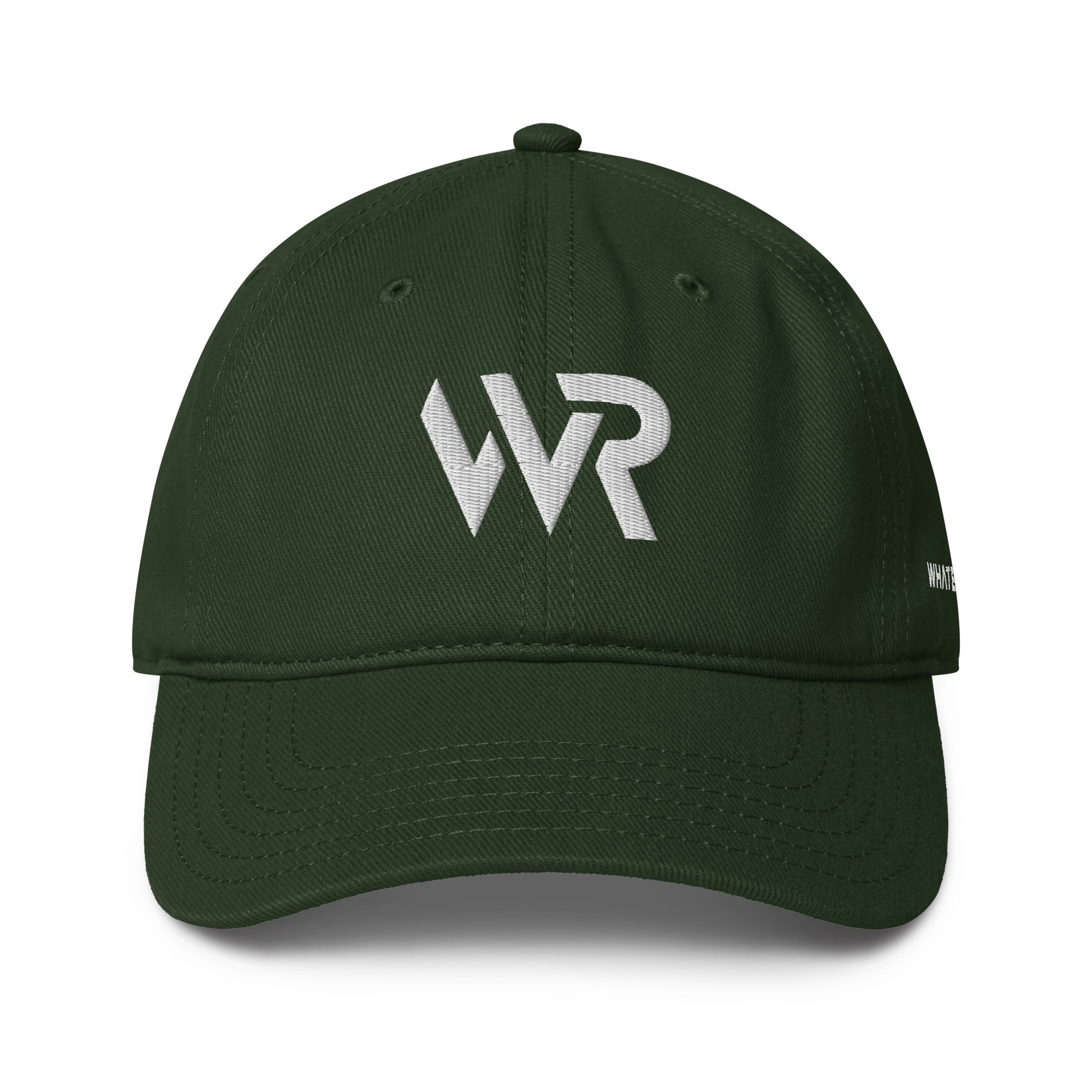 Unisex Unbothered baseball cap in green with embroidered WR logo, front view