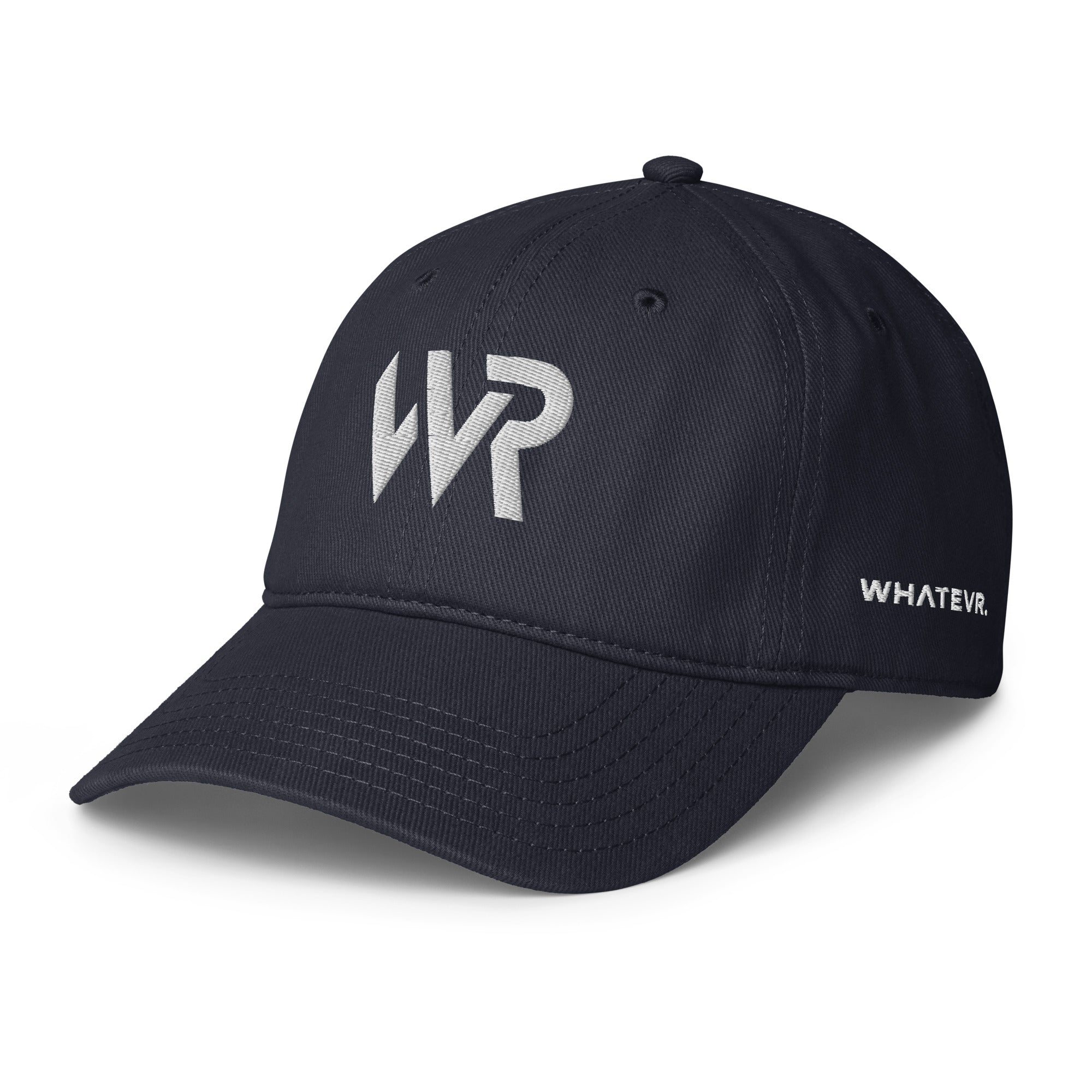 Unisex Unbothered baseball cap in blue with embroidered WR logo, front view