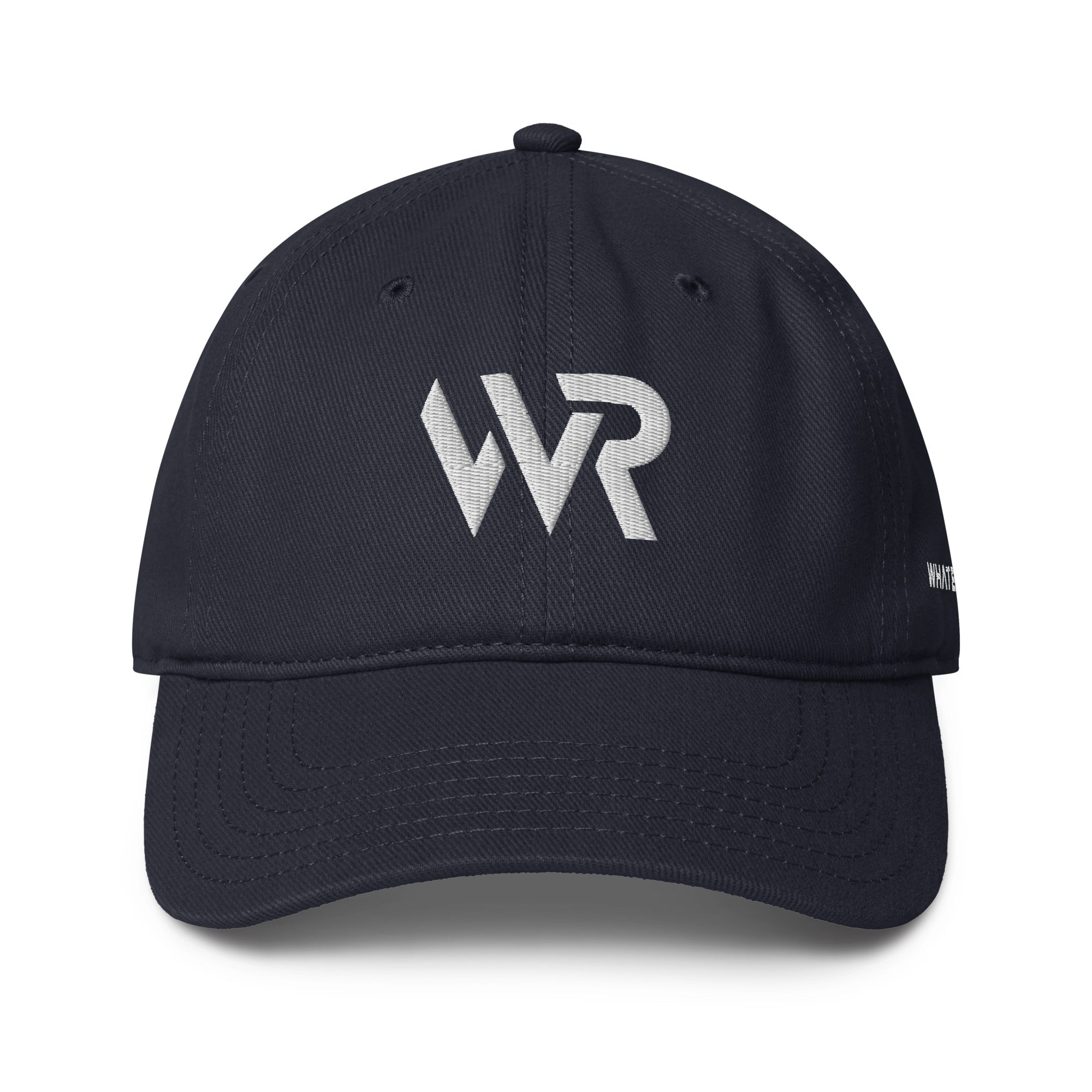 Unisex Unbothered baseball cap in blue with embroidered WR logo, front view