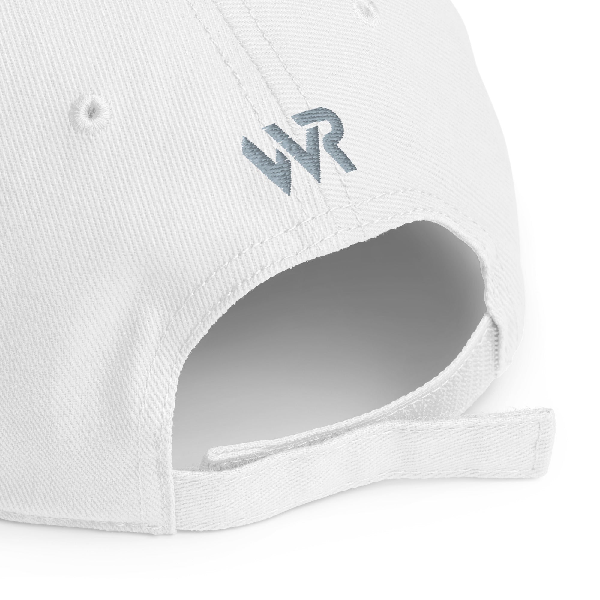 Unisex Unbothered baseball cap in white with embroidered WR logo, back view