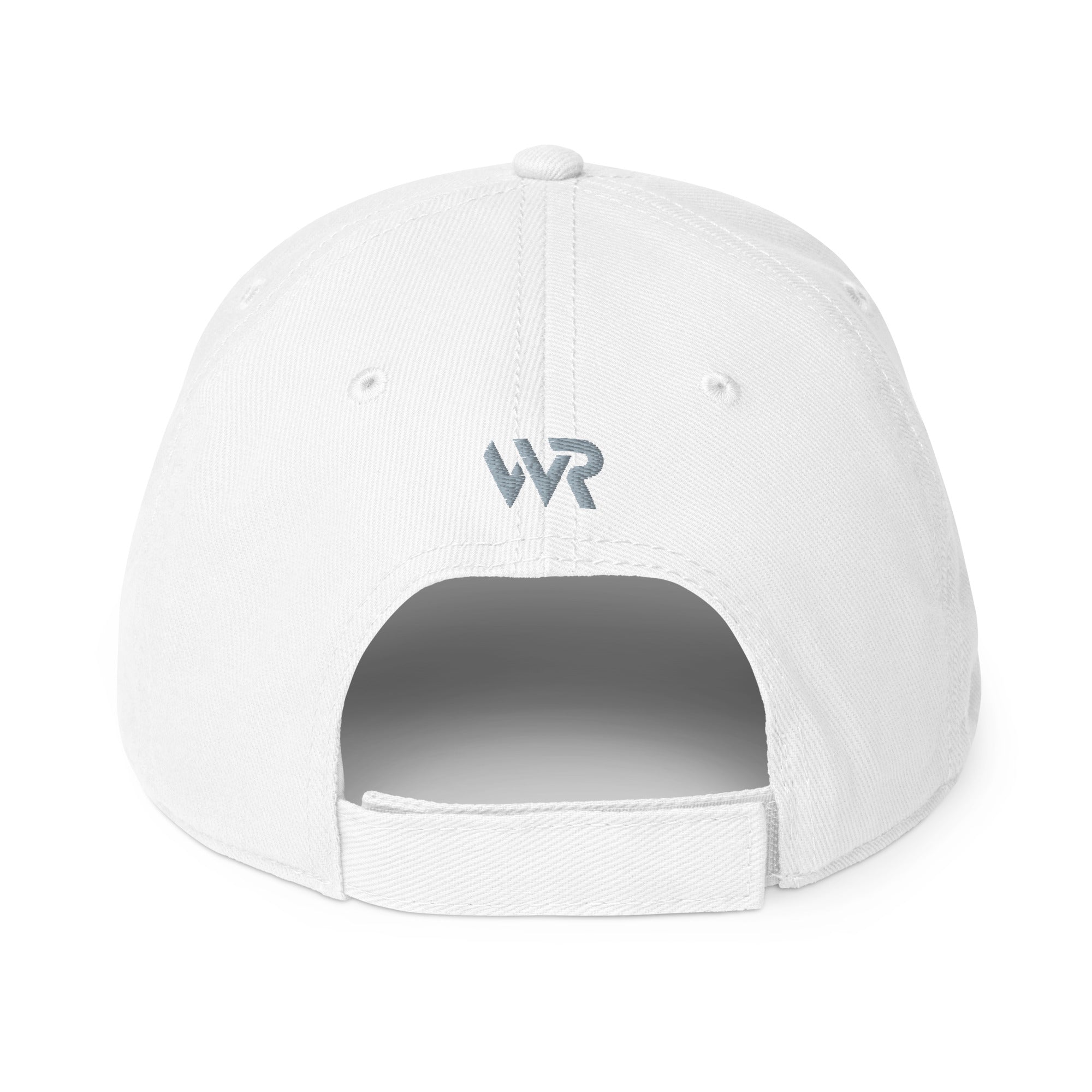 Unisex Unbothered baseball cap in white with embroidered WR logo, back view