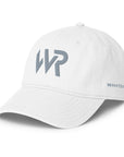 Unisex Unbothered baseball cap in white with embroidered WR logo, front view