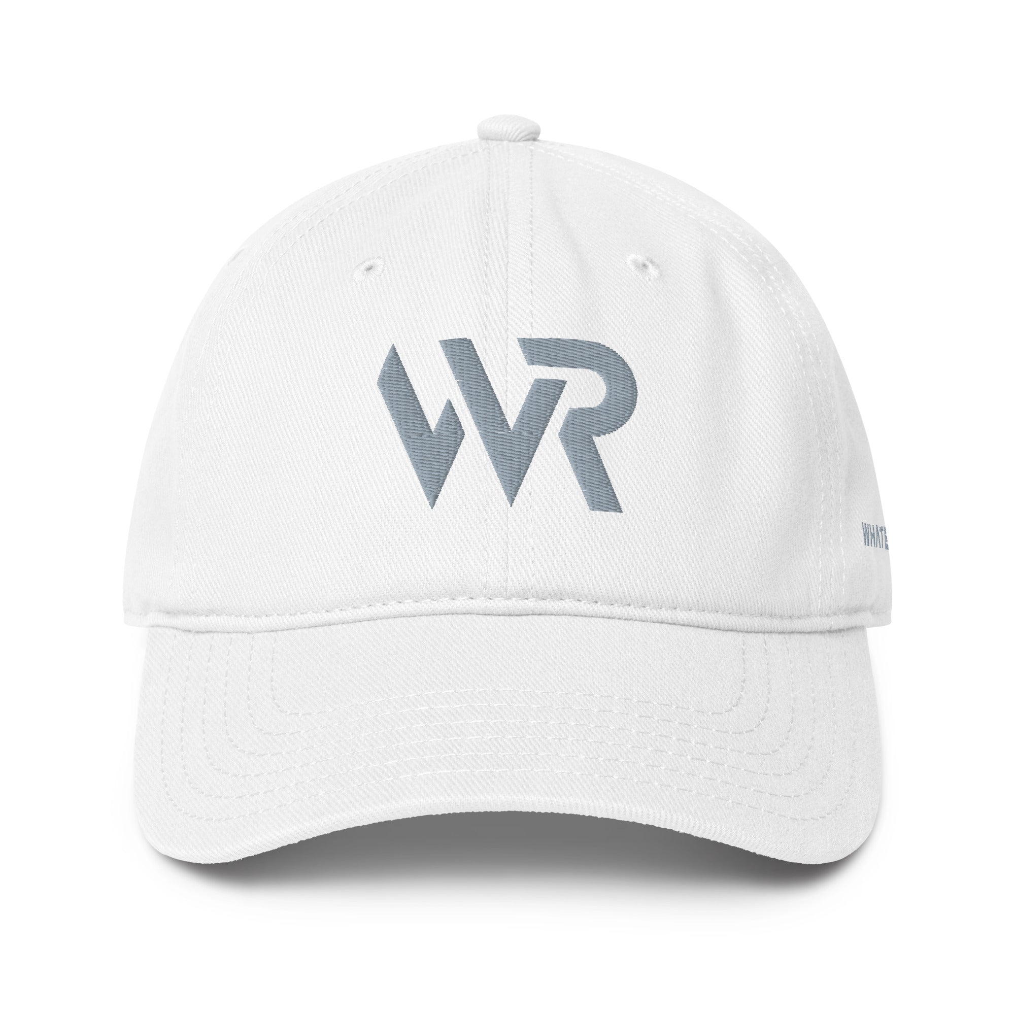 Unisex Unbothered baseball cap in white with embroidered WR logo, front view