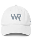 Unisex Unbothered baseball cap in white with embroidered WR logo, front view