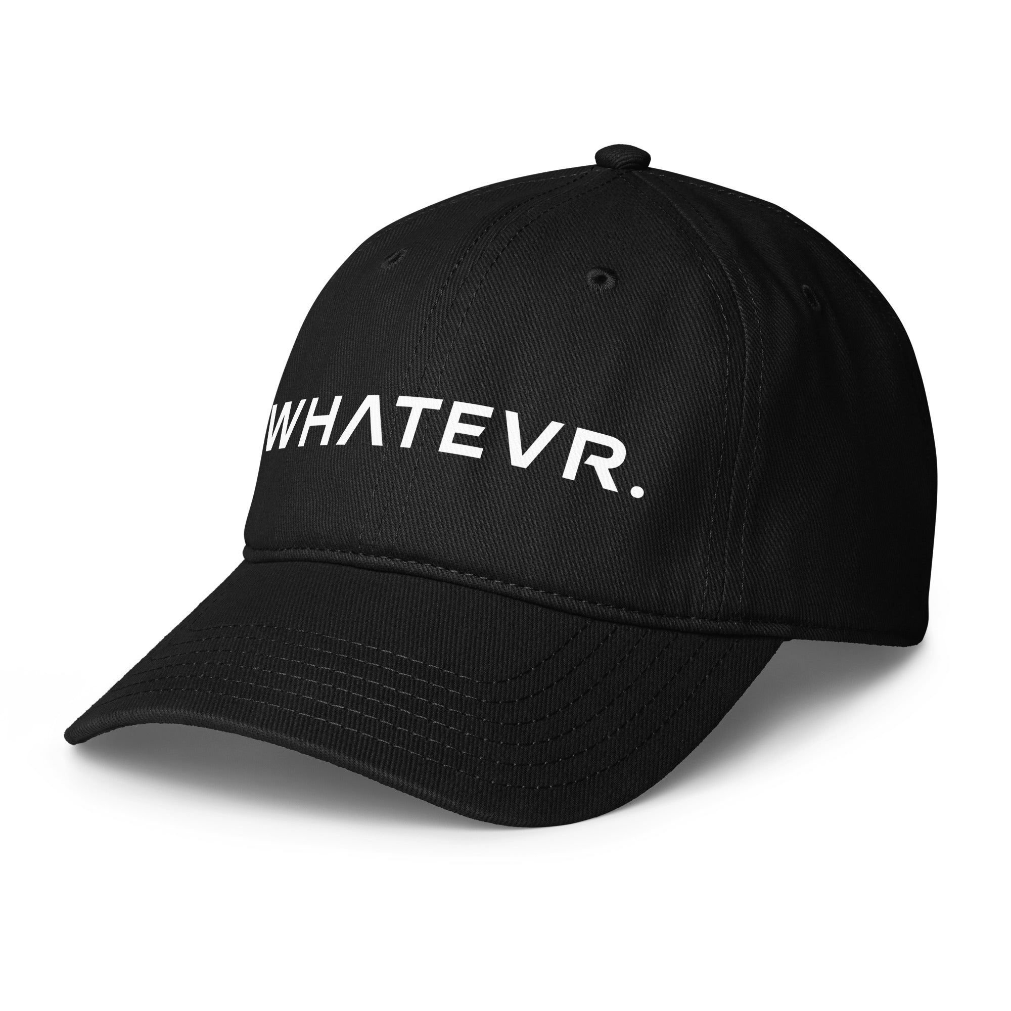 Unisex Unbothered baseball cap in black with WHATEVR text, front view