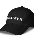 Unisex Unbothered baseball cap in black with WHATEVR text, front view