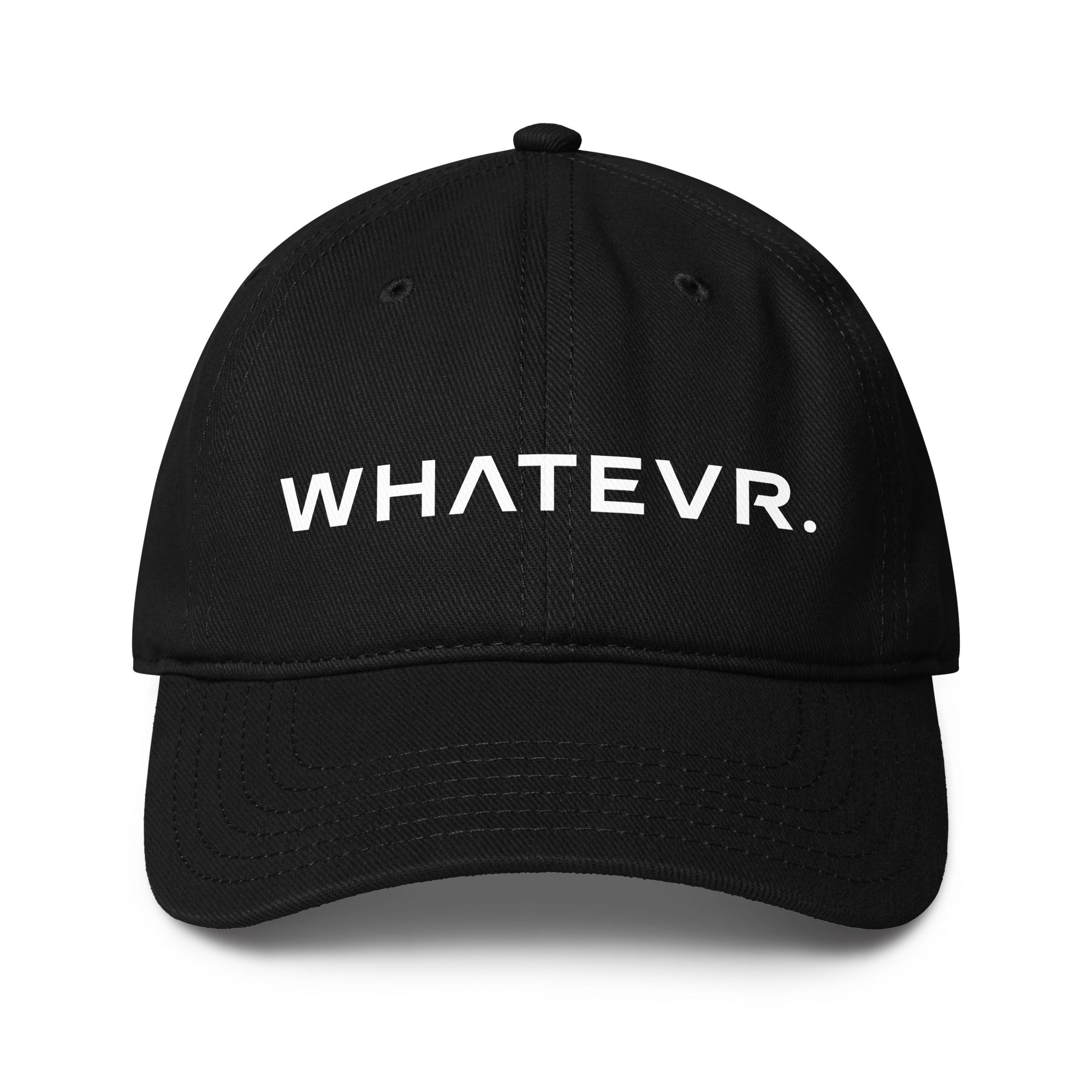 Unisex Unbothered baseball cap in black with WHATEVR text, front view