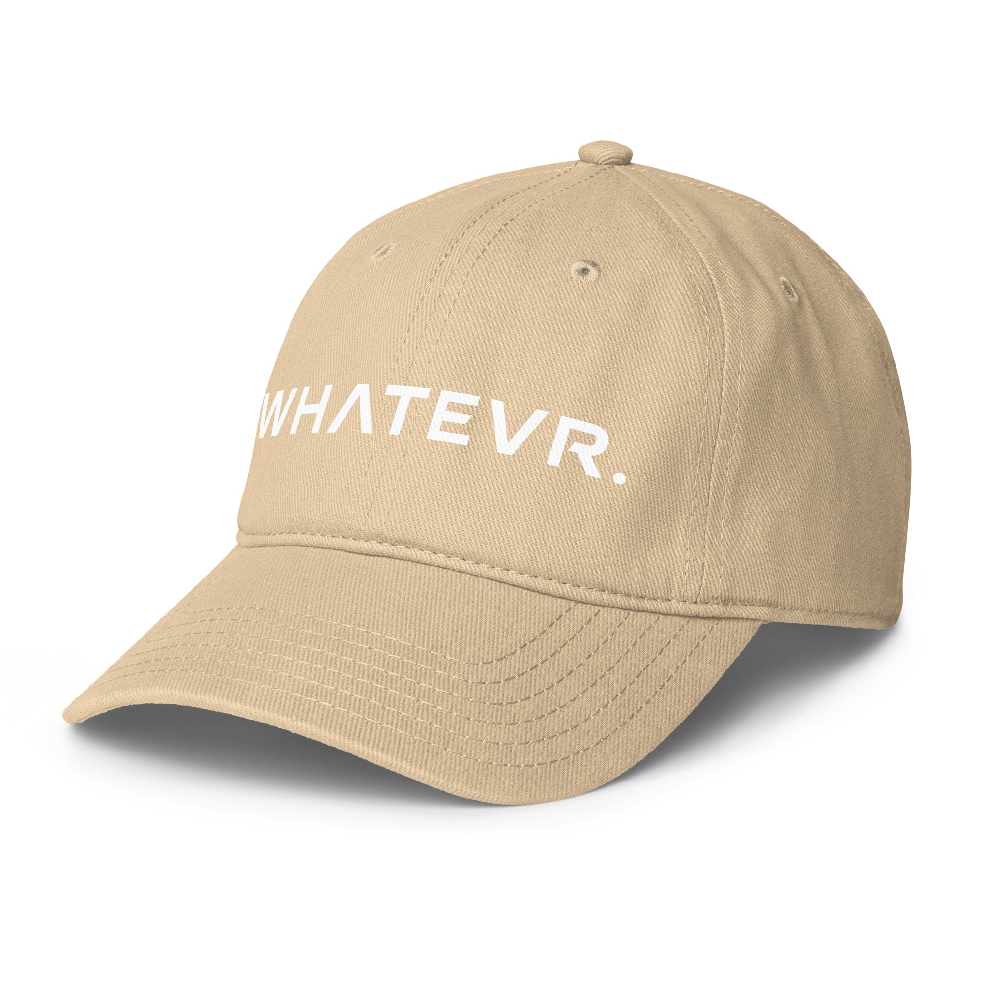 Unisex Unbothered baseball cap in beige with WHATEVR text, front view