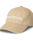 Unisex Unbothered baseball cap in beige with WHATEVR text, front view