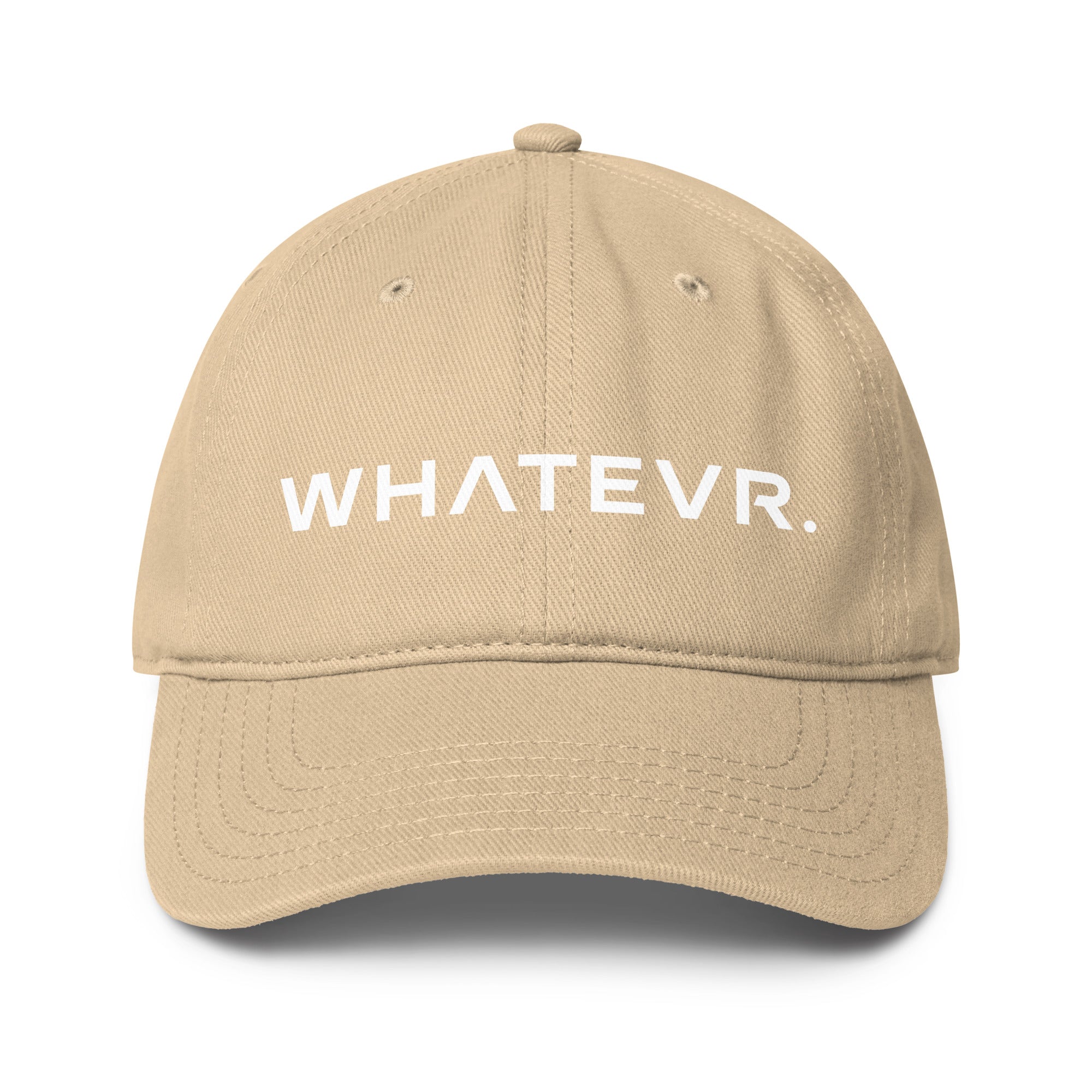 Unisex Unbothered baseball cap in beige with WHATEVR text, front view