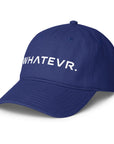 Unisex Unbothered baseball cap in blue with WHATEVR text, front view