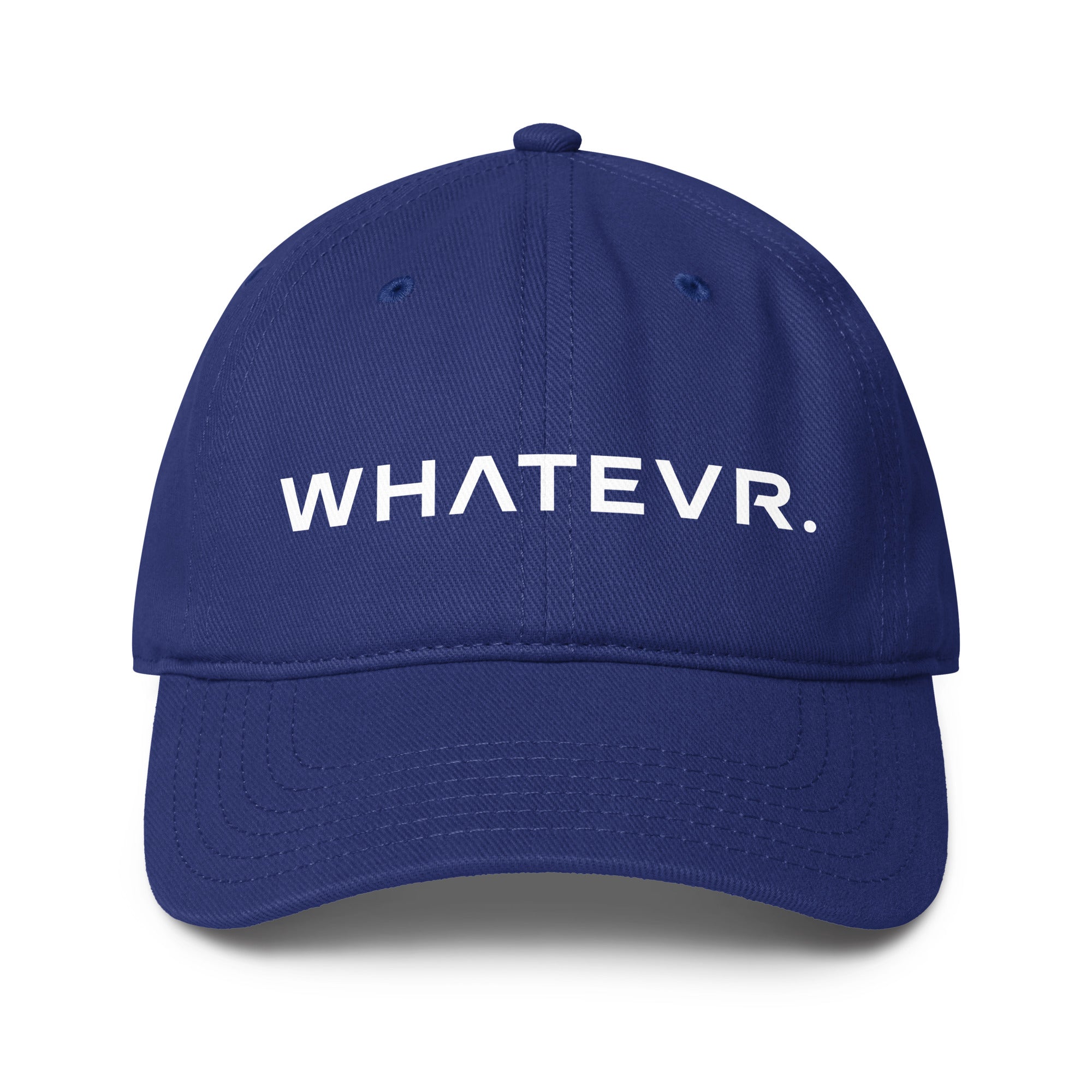 Unisex Unbothered baseball cap in blue with WHATEVR text, front view