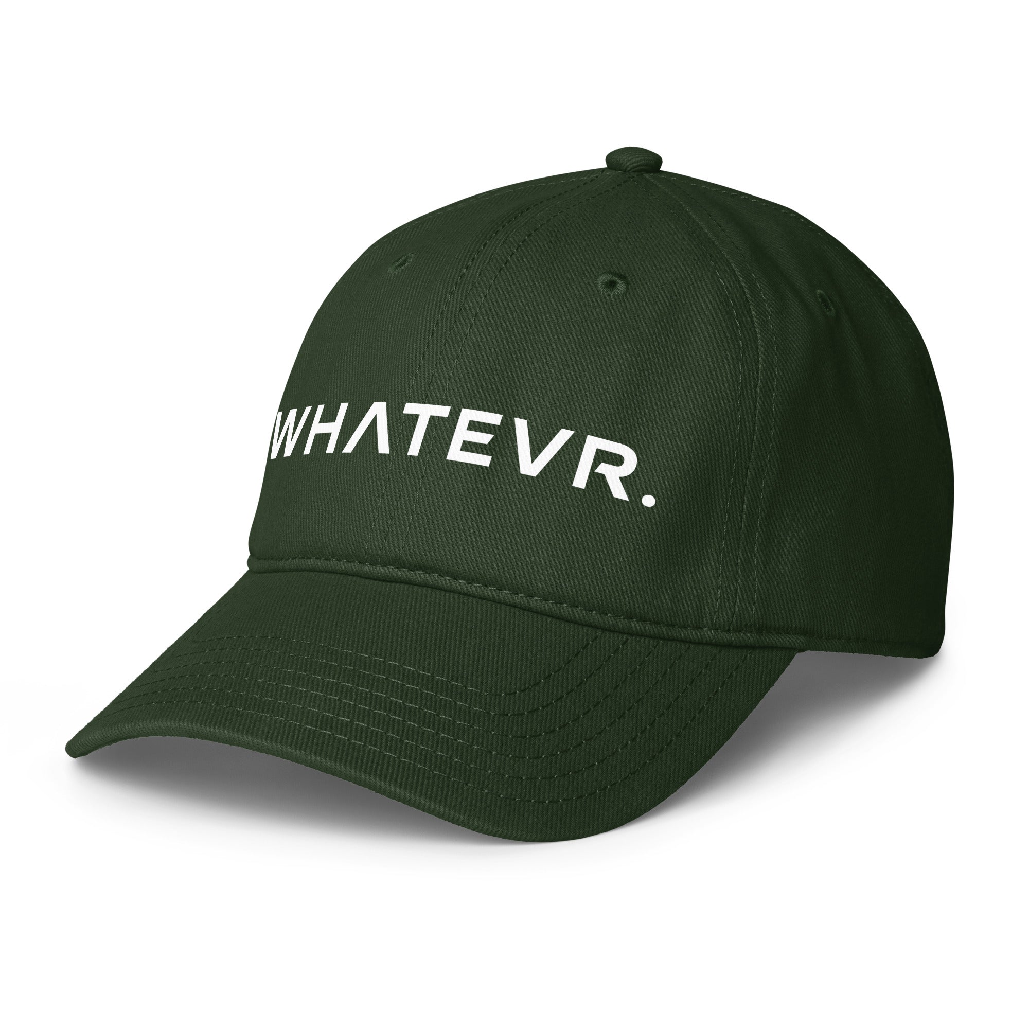 Unisex Unbothered baseball cap in green with WHATEVR text, front view