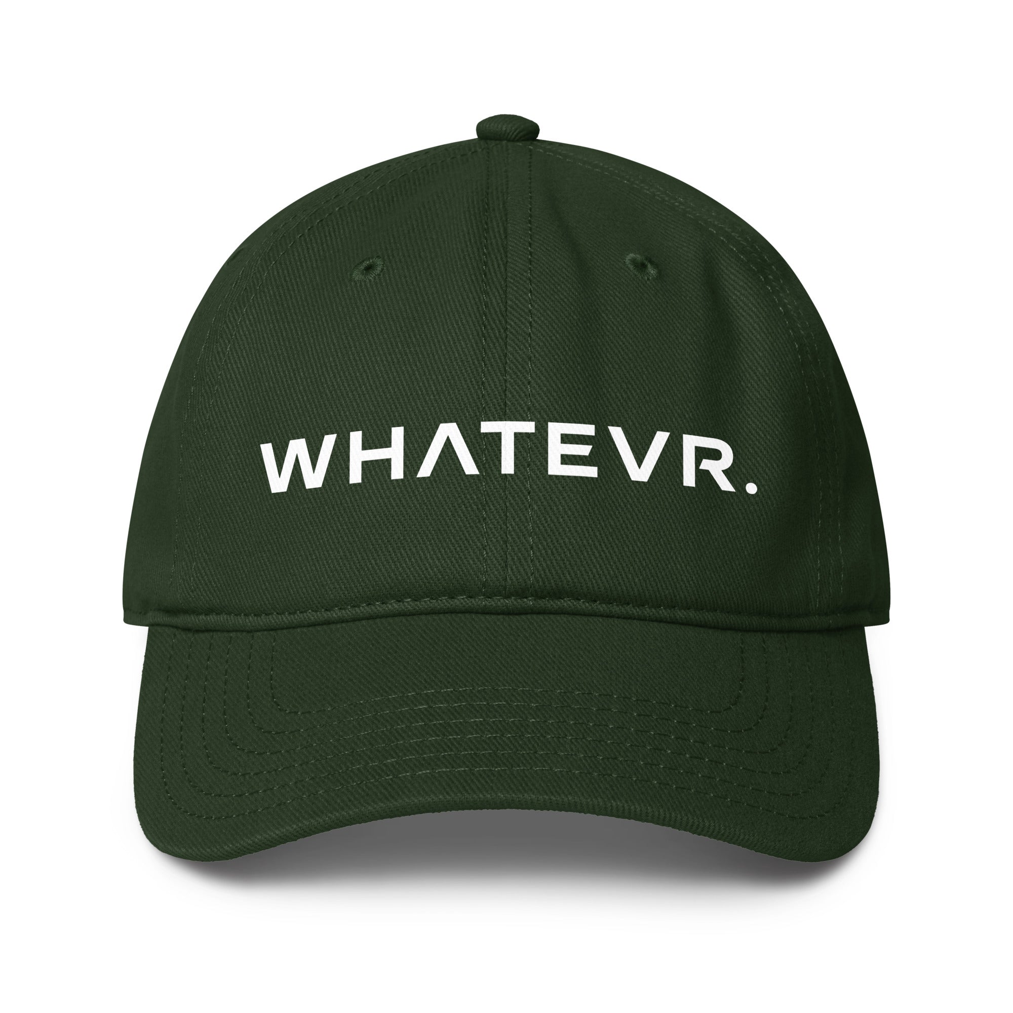 Unisex Unbothered baseball cap in green with WHATEVR text, front view
