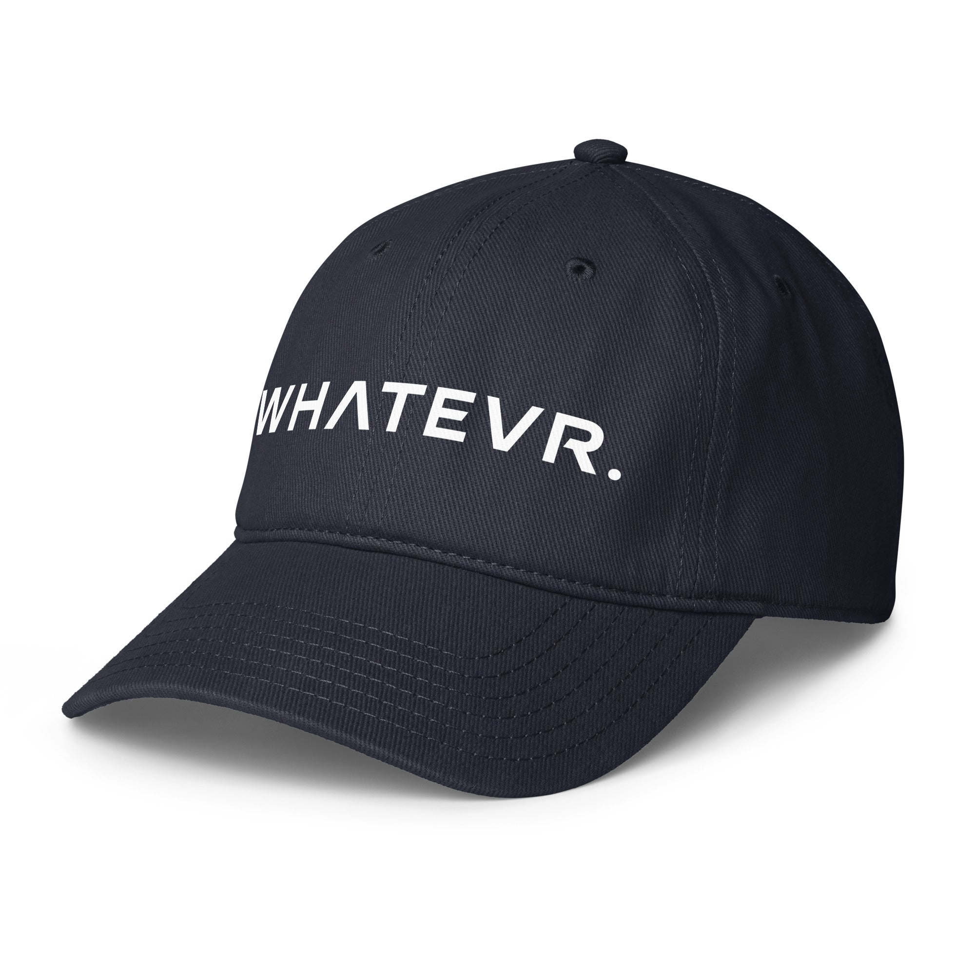 Unisex Unbothered baseball cap in blue with WHATEVR text, front view