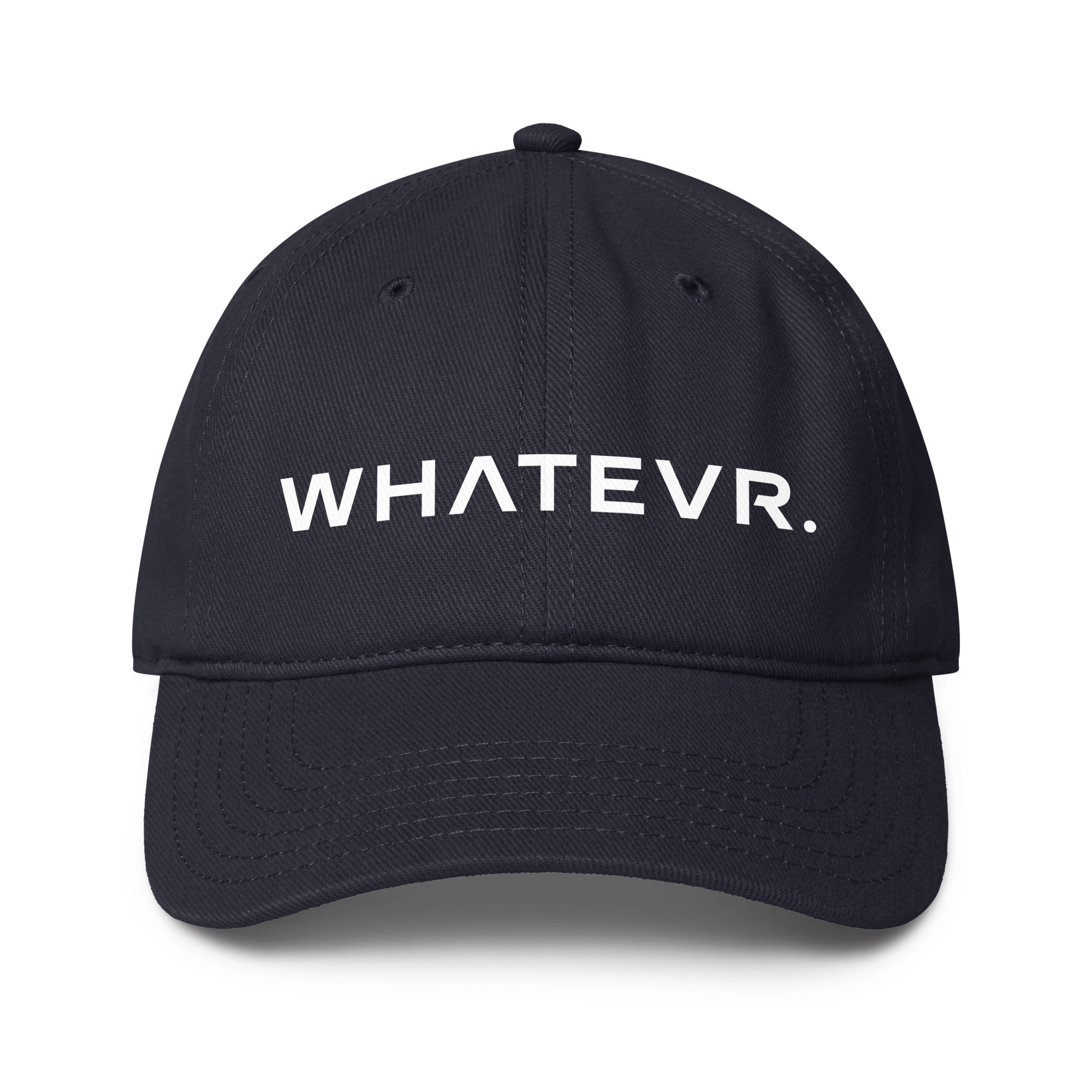 Unisex Unbothered baseball cap in blue with WHATEVR text, front view