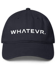 Unisex Unbothered baseball cap in blue with WHATEVR text, front view