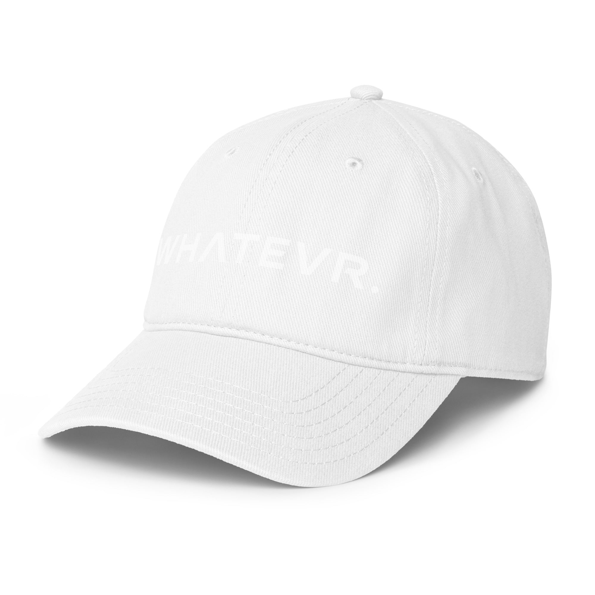 Unisex Unbothered baseball cap in white with WHATEVR text, front view