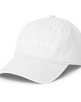 Unisex Unbothered baseball cap in white with WHATEVR text, front view