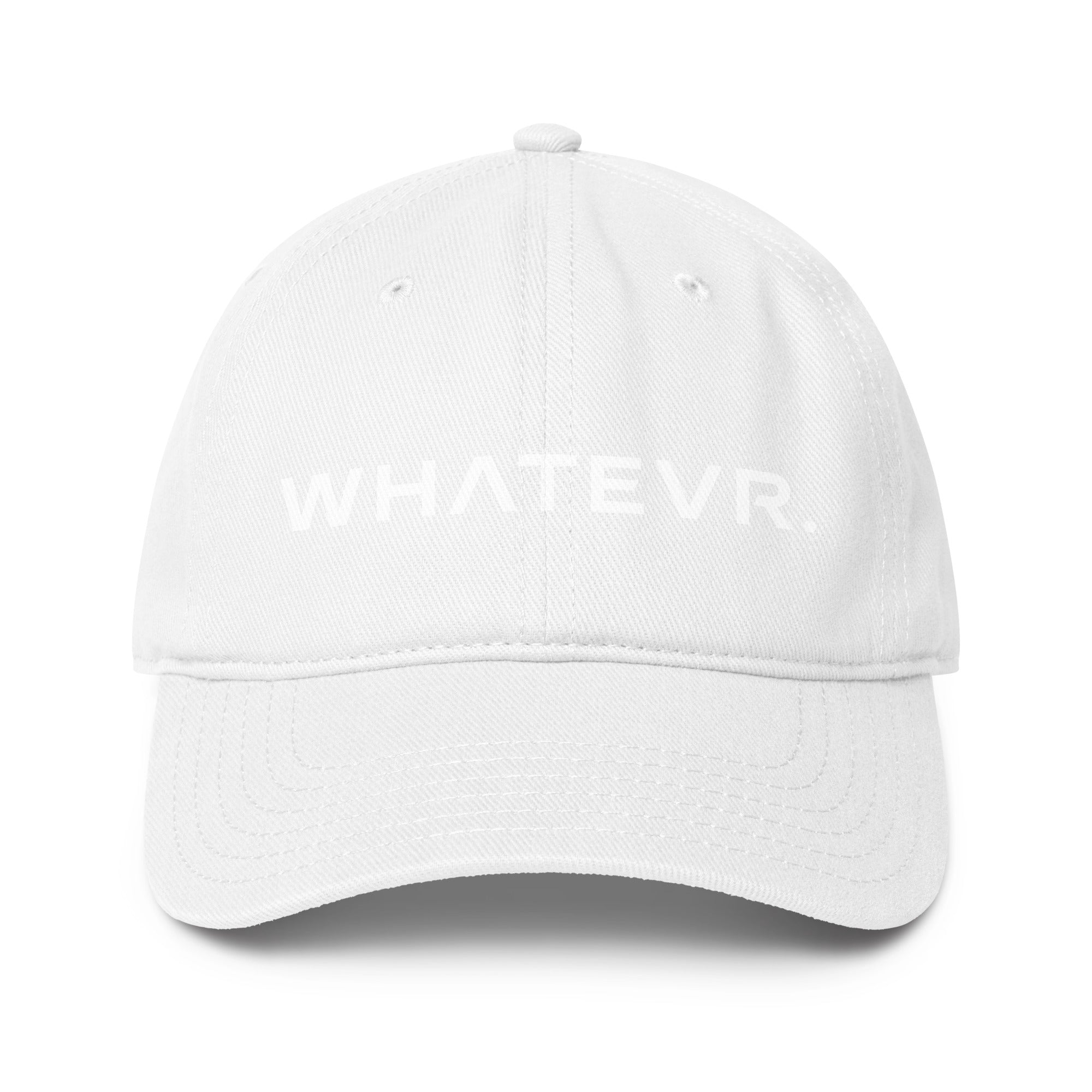 Unisex Unbothered baseball cap in white with WHATEVR text, front view