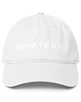 Unisex Unbothered baseball cap in white with WHATEVR text, front view