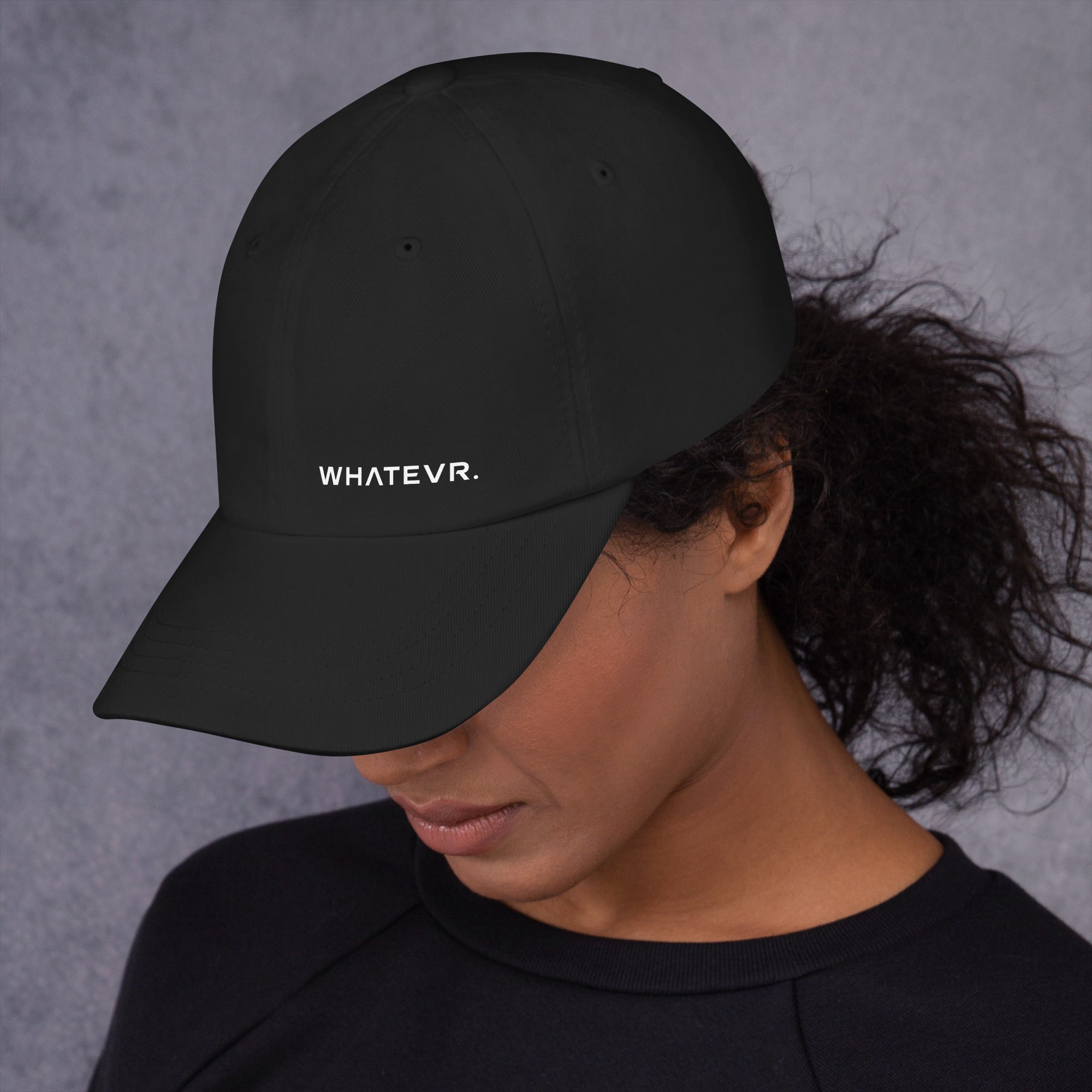 Unisex Classic baseball cap in black with WHATEVR logo, front view