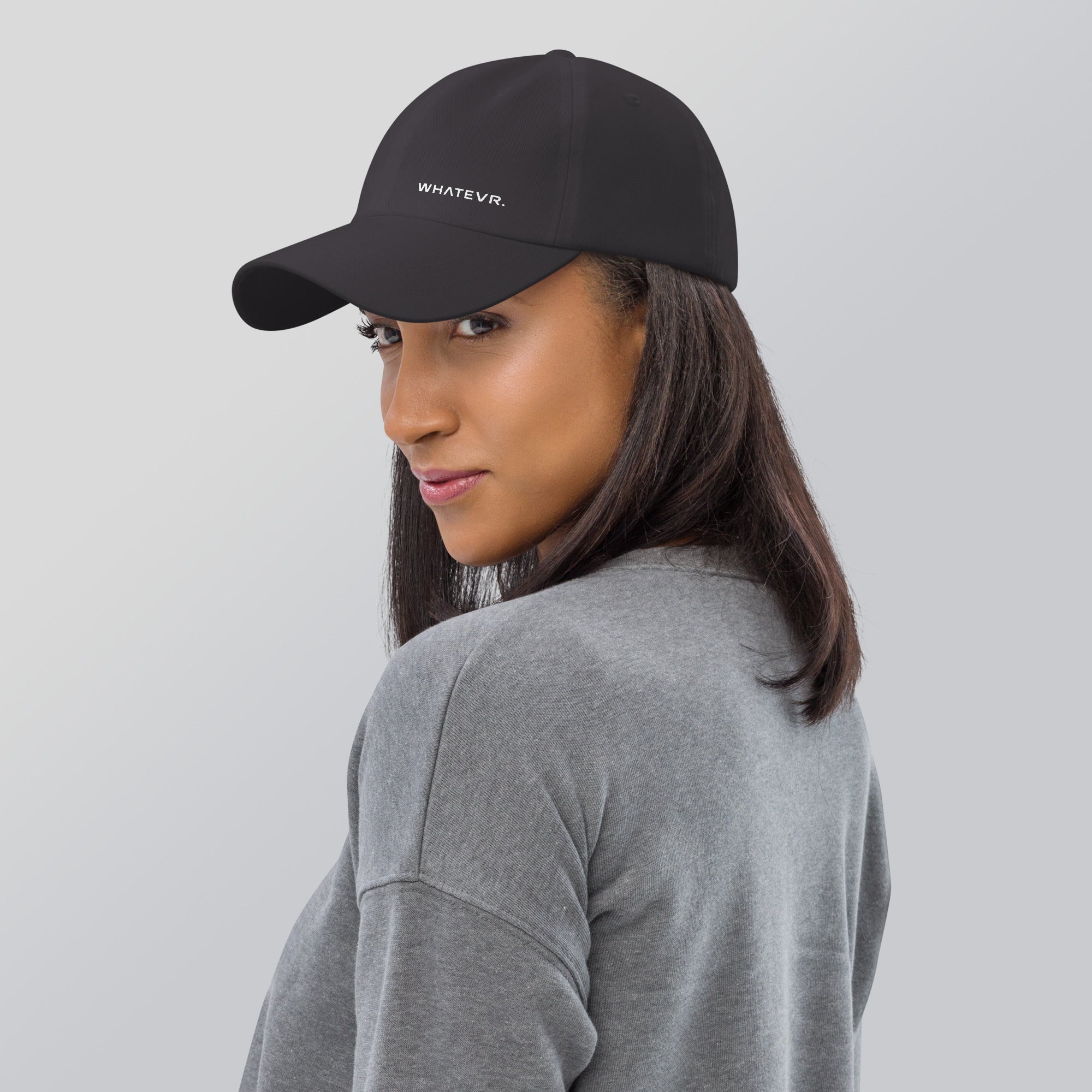 Unisex Classic baseball cap in gray with WHATEVR logo, front view