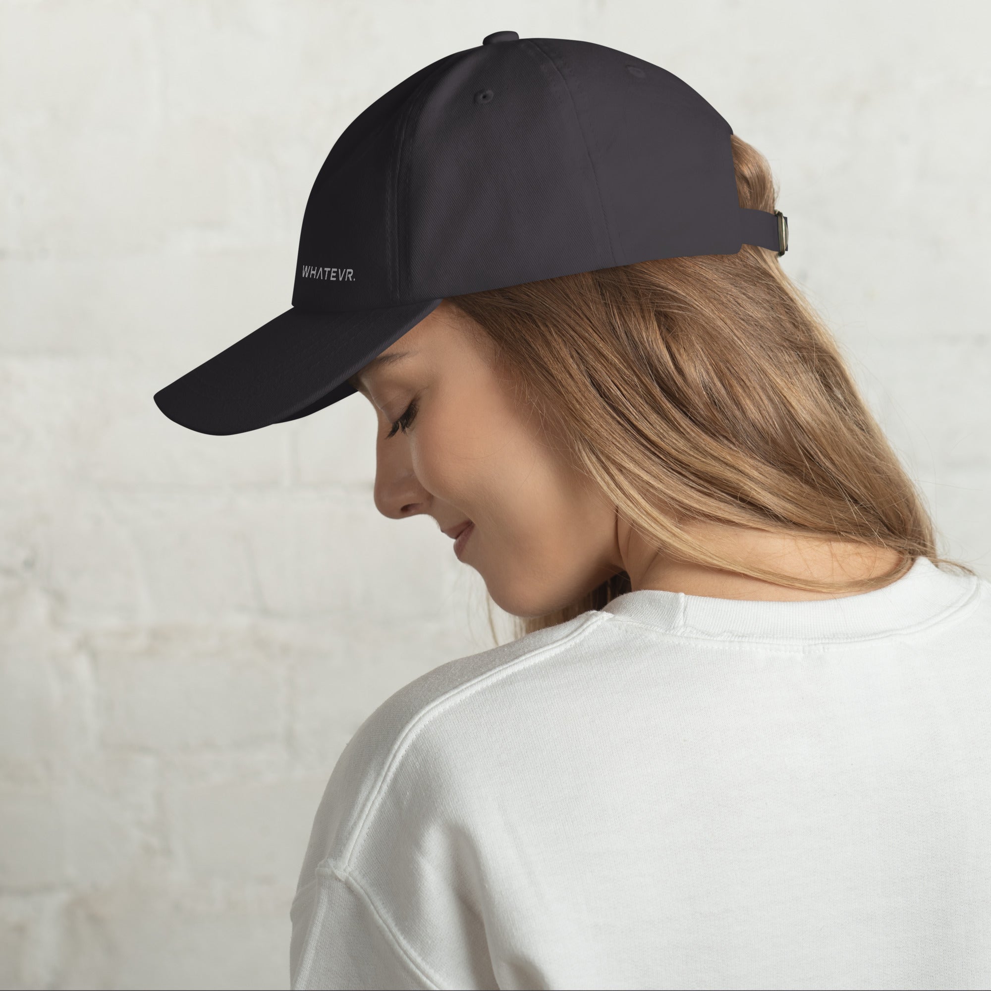 Unisex Classic baseball cap in gray with WHATEVR logo, side view