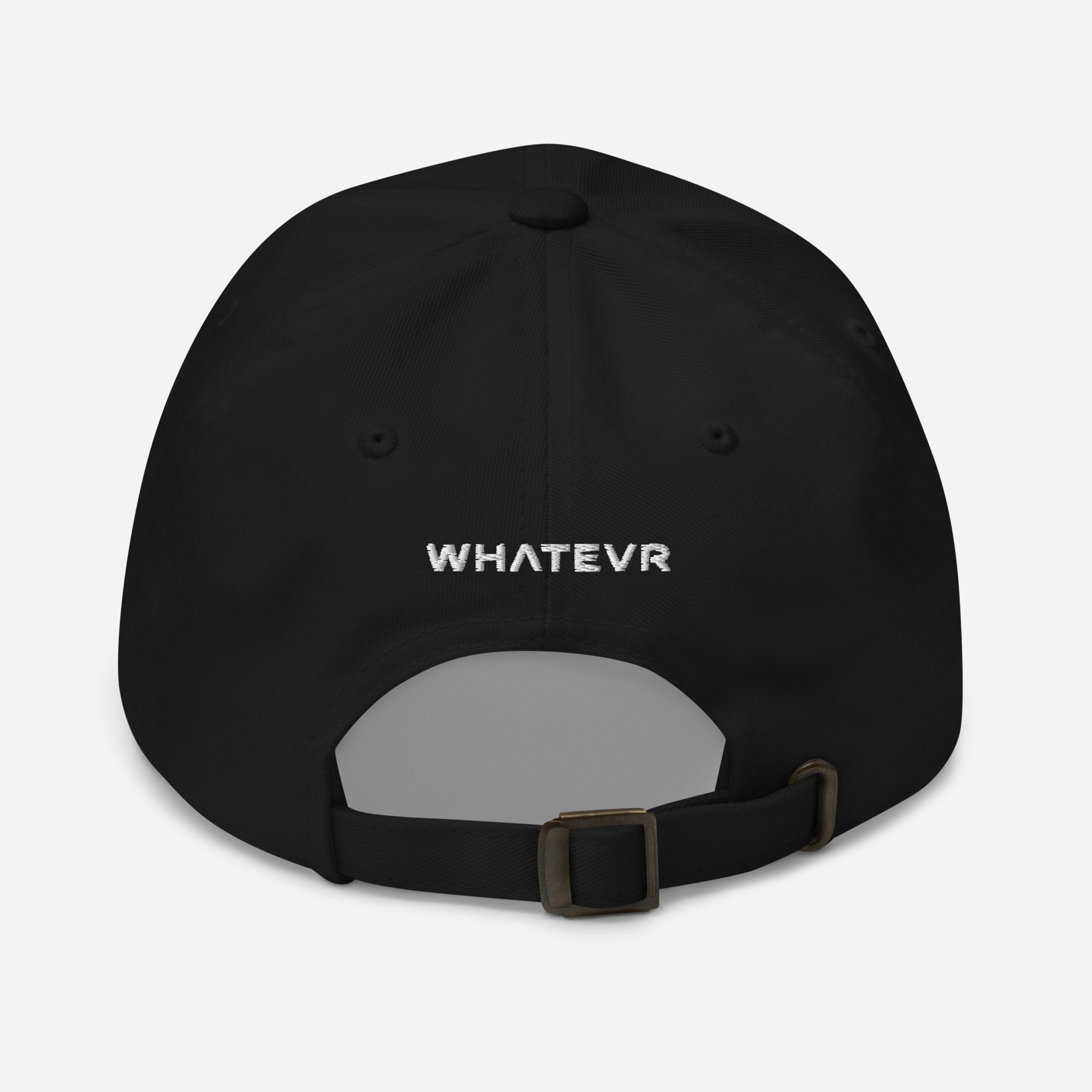 Unisex Classic baseball cap in black with embroidered WHATEVR logo, back view