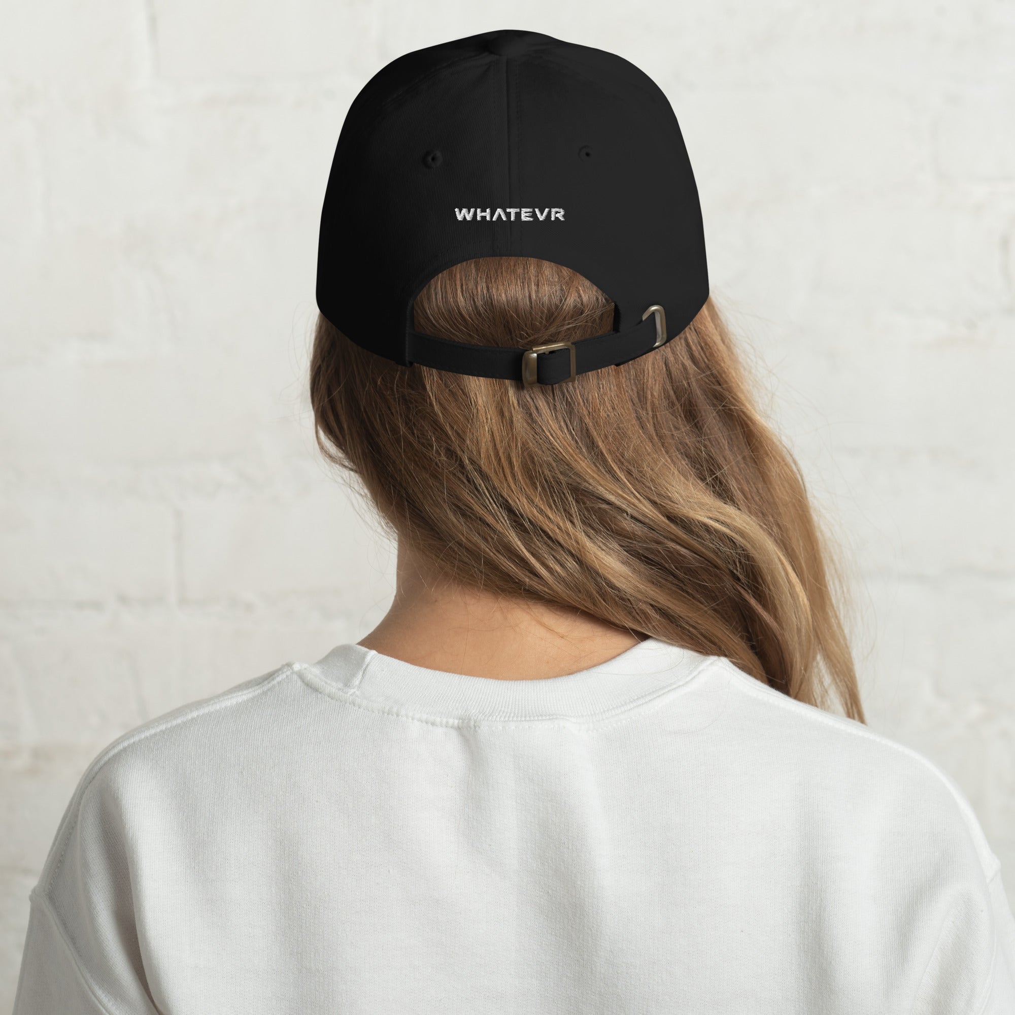 Unisex Classic baseball cap in black with embroidered WHATEVR logo, back view