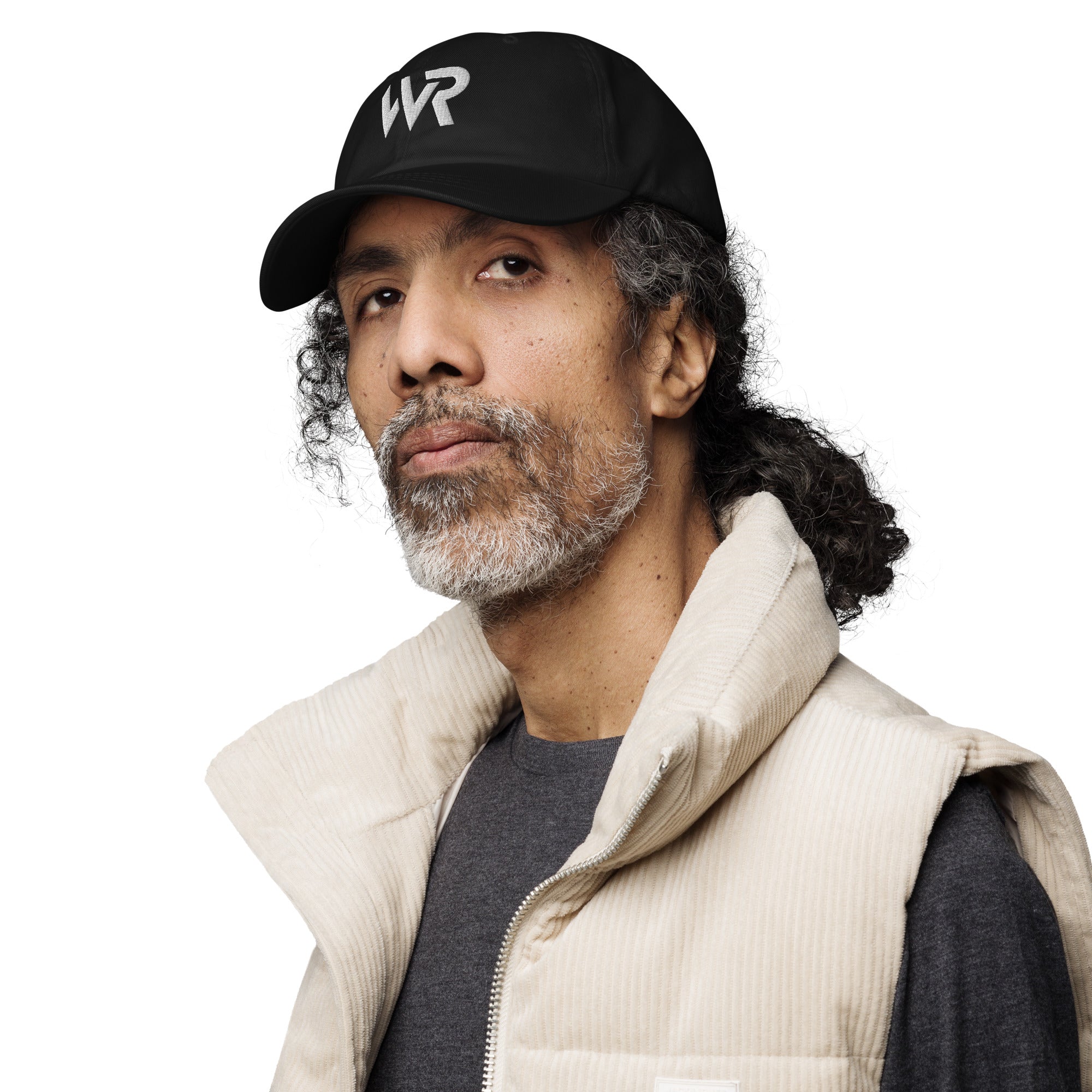 Unisex Classic baseball cap in black with embroidered WHATEVR logo, front view