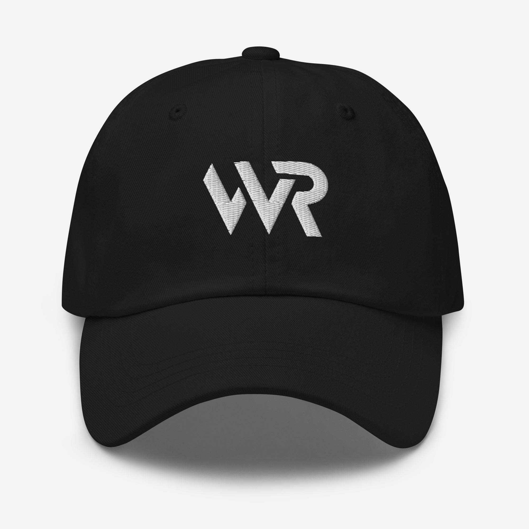 Unisex Classic baseball cap in black with embroidered WHATEVR logo, front view