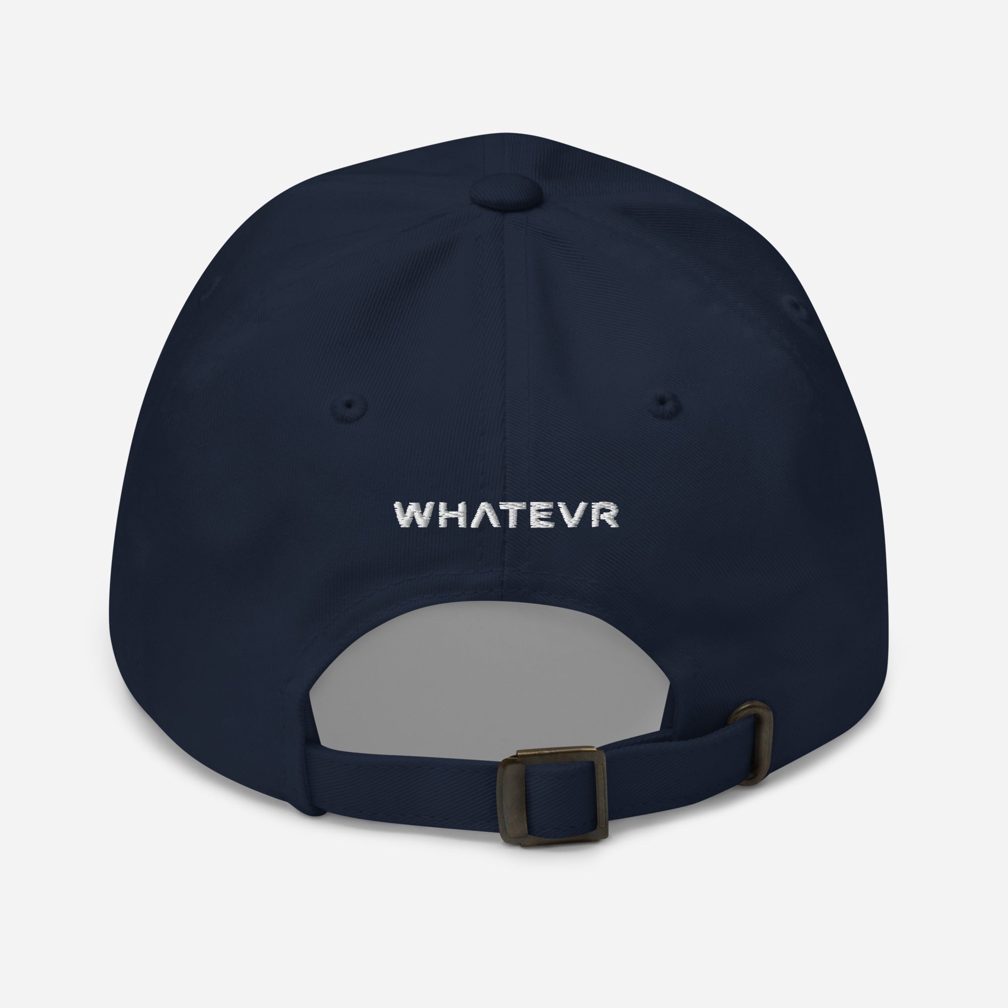 Unisex Classic baseball cap in blue with embroidered WHATEVR logo, back view
